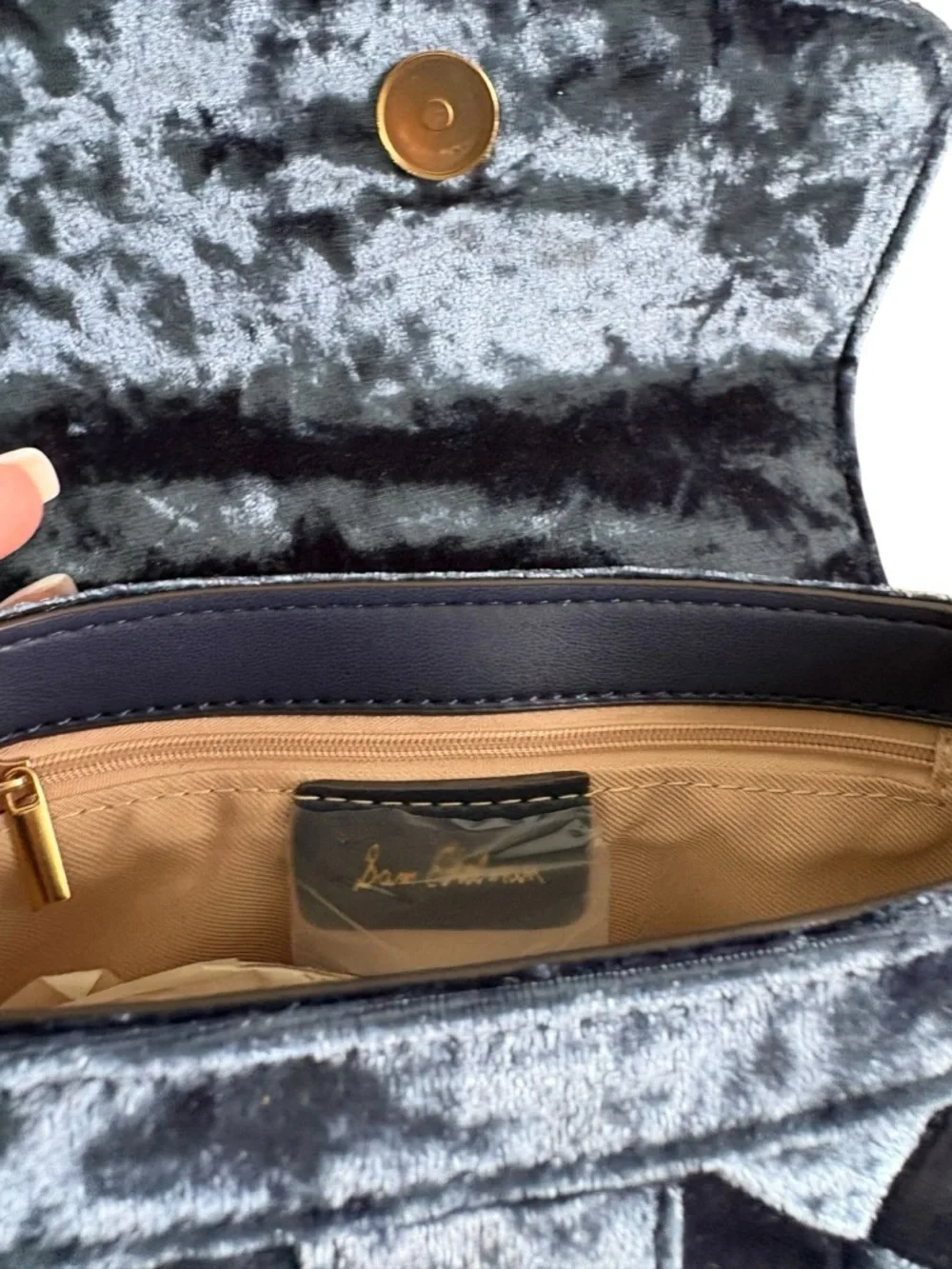 Sam Edelman Quilted Navy Velvet Satchel with Crystal Buckle